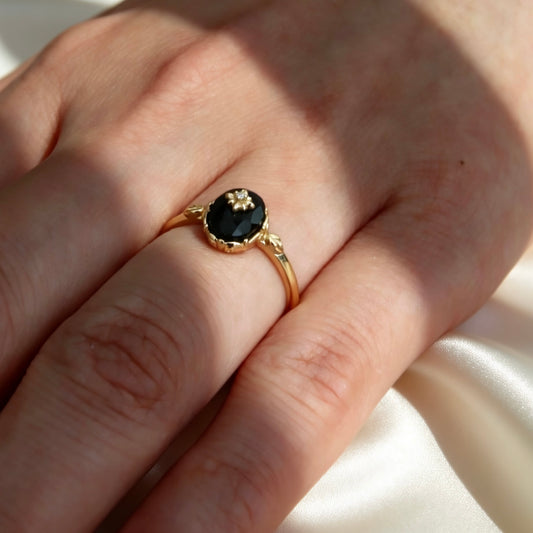 S925 Nature Black Agate Ring