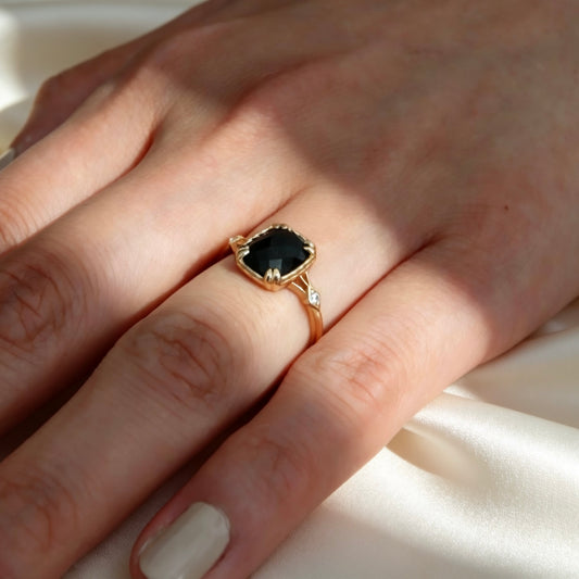 S925 Nature Black Agate Ring