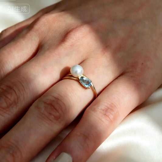 S925 Nature Blue Topas Pearl Ring