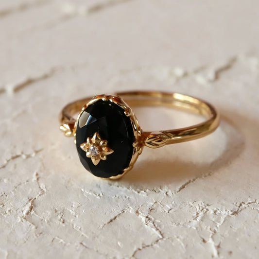 S925 Nature Black Agate Ring