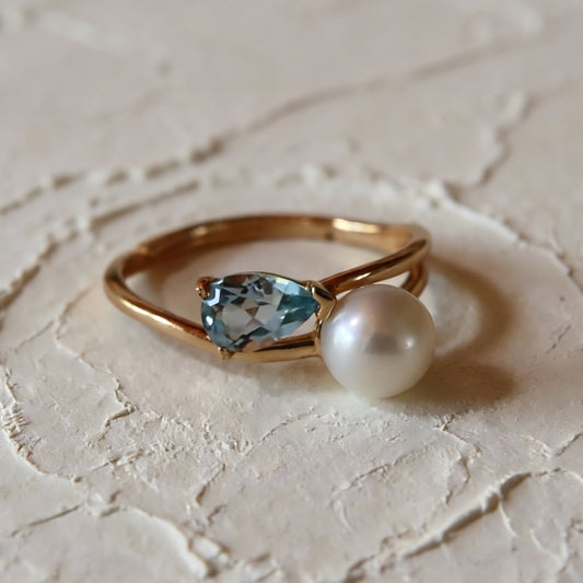 S925 Nature Blue Topas Pearl Ring